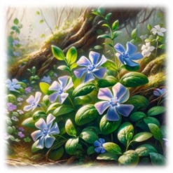 C:\Users\Наталочка\Desktop\DALL·E 2024-02-29 13.59.58 - Create an illustration that captures the natural essence of Taras Shevchenko's poem, focusing on 'Periwinkle blooming and greening'. The scene is set .png